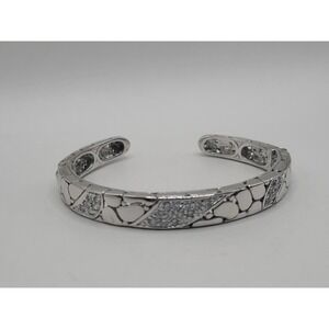 Silver Tone Openwork Filigree Cuff Bracelet Clear Rhinestone Accents